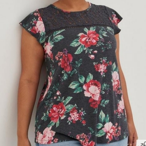 torrid Tops - Torrid Knit Jersey Slub Lace Yoke Flutter Sleeve Top